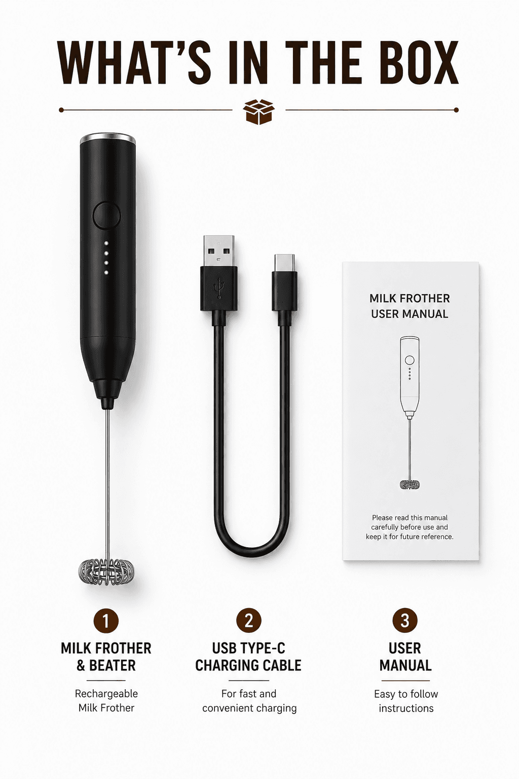 Rechargeable Milk Frother and Beater with USB Type-C Charging | 3 Speed Electric Handheld Coffee Frother | Stainless Steel Whisk for Coffee, Latte, Cappuccino, Matcha & Protein Shake | Portable Foam Maker 4