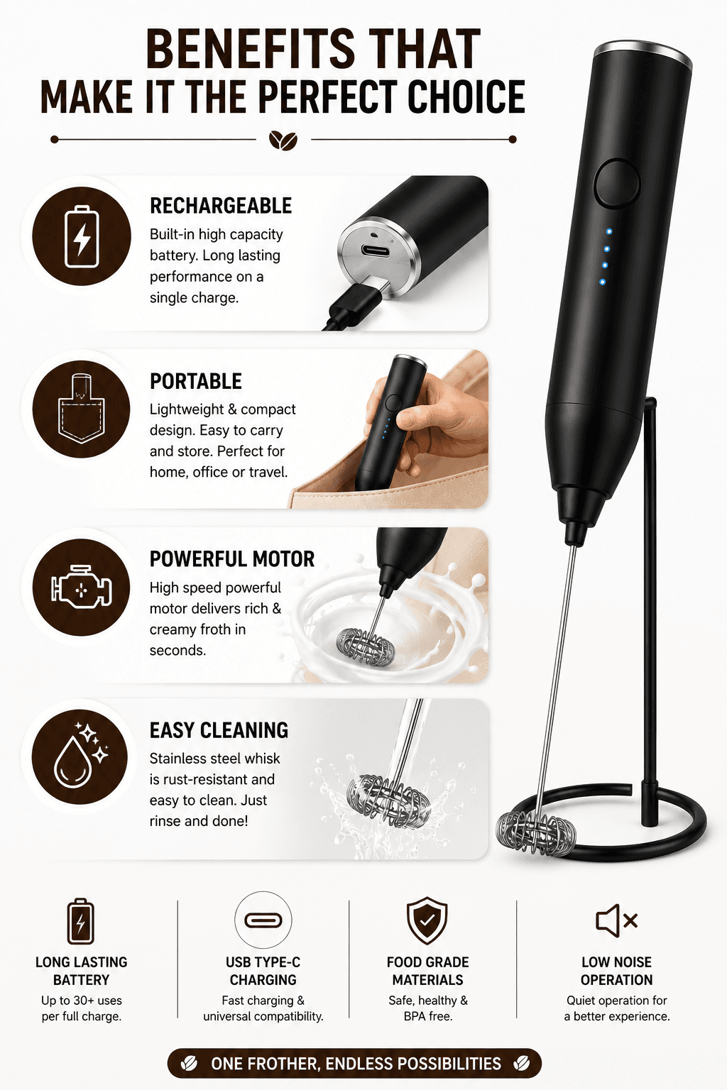 Rechargeable Milk Frother and Beater with USB Type-C Charging | 3 Speed Electric Handheld Coffee Frother | Stainless Steel Whisk for Coffee, Latte, Cappuccino, Matcha & Protein Shake | Portable Foam Maker 6